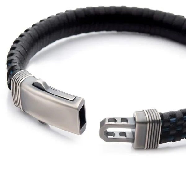 Black & Blue Braided Leather Bracelet with Dual Release 925 Sterling Silver Clasp Image 3 Alan Miller Jewelers Oregon, OH