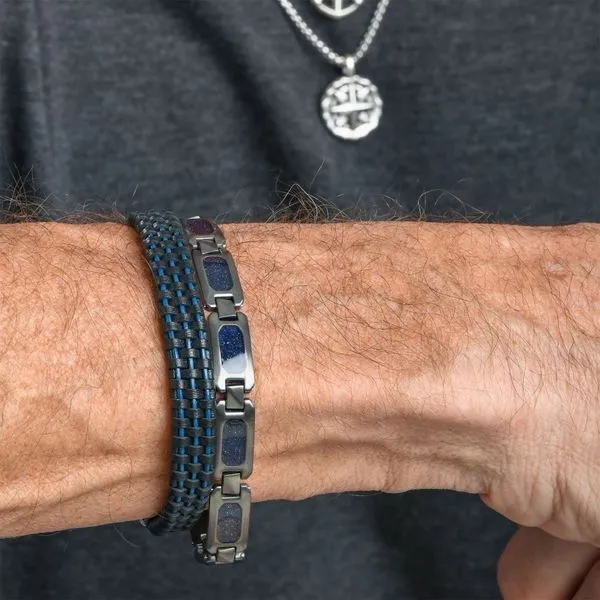 Black & Blue Braided Leather Bracelet with Dual Release 925 Sterling Silver Clasp Image 5 Alan Miller Jewelers Oregon, OH