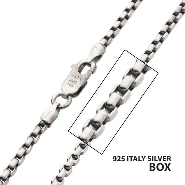 2.6mm 925 Italy Silver Black Rhodium Plated Brushed Satin Finish Box Chain Necklace Cellini Design Jewelers Orange, CT