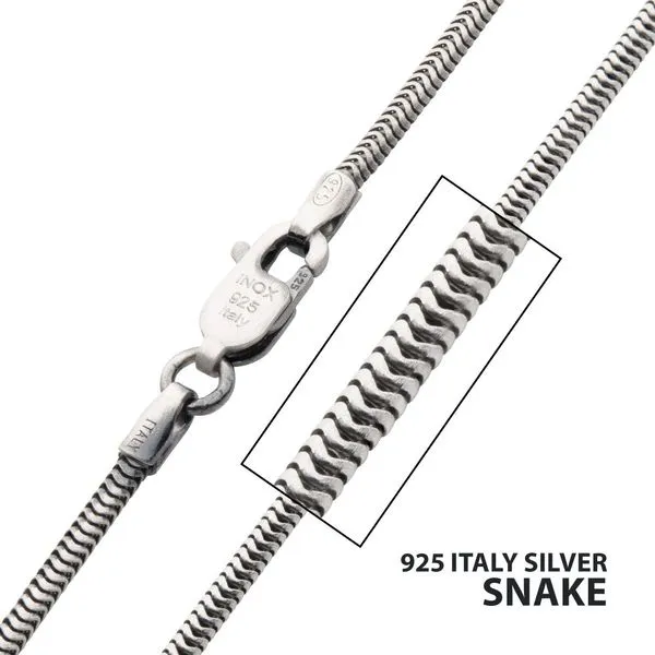 1.5mm 925 Italy Silver Black Rhodium Plated Brushed Satin Finish Snake Chain Necklace Cellini Design Jewelers Orange, CT