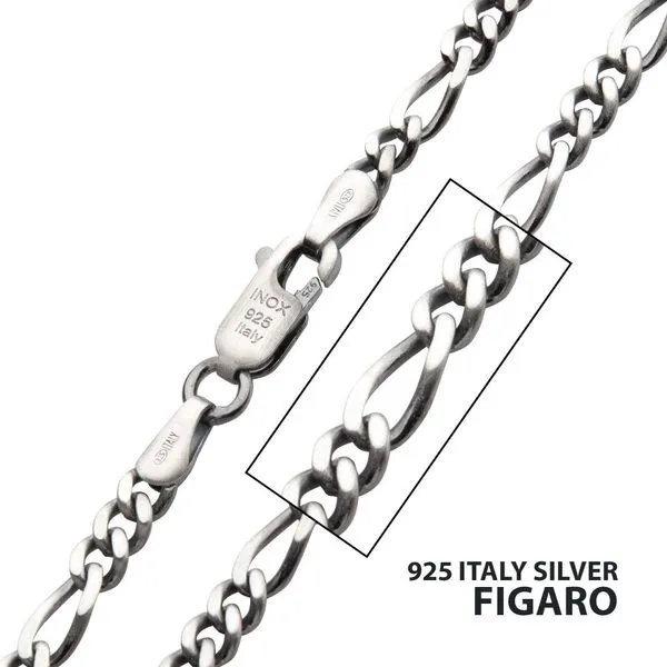3.6mm 925 Italy Silver Black Rhodium Plated Brushed Satin Finish Figaro Chain Necklace Alan Miller Jewelers Oregon, OH