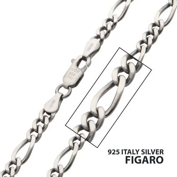 4.3mm 925 Italy Silver Black Rhodium Plated Brushed Satin Finish Figaro Chain Necklace Cellini Design Jewelers Orange, CT