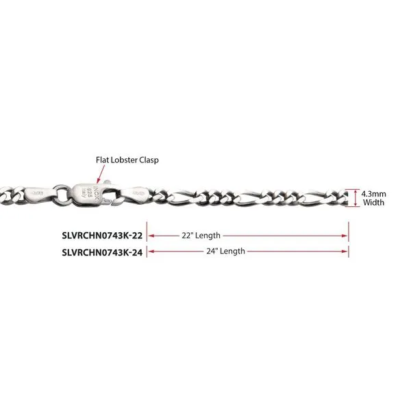 4.3mm 925 Italy Silver Black Rhodium Plated Brushed Satin Finish Figaro Chain Necklace Image 5 Cellini Design Jewelers Orange, CT