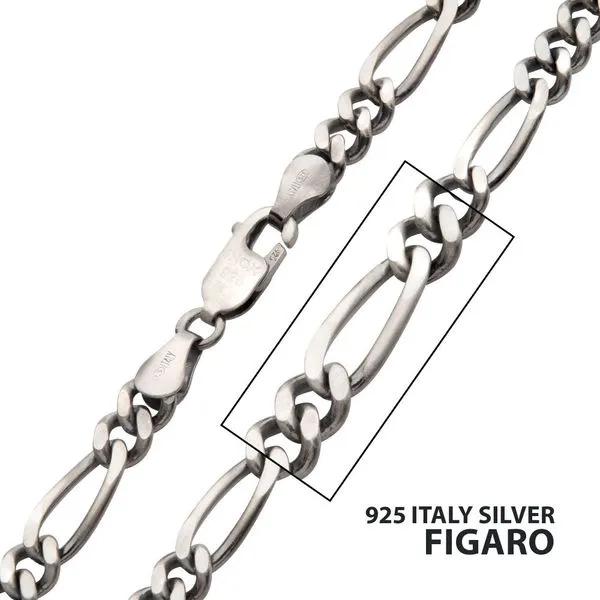 5.5mm 925 Italy Silver Black Rhodium Plated Brushed Satin Finish Figaro Chain Necklace Rihner's Jewelry Gretna, LA