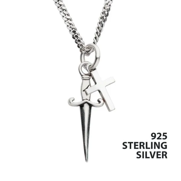 925 Silver Oxidized Dagger & Cross Duo Pendant with Curb Chain Daniel Jewelers Brewster, NY