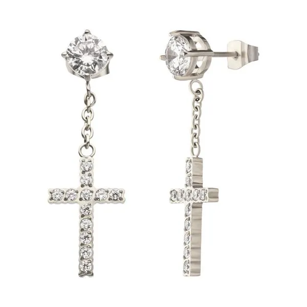 Stainless Steel Prong Set Clear Gem Stud Earrings with Pave Gem Cross Dangle Rihner's Jewelry Gretna, LA