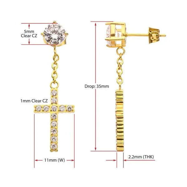 18Kt Gold IP Steel Prong Set Clear Gem Stud Earrings with Pave Gem Cross Dangle Image 3 Rihner's Jewelry Gretna, LA