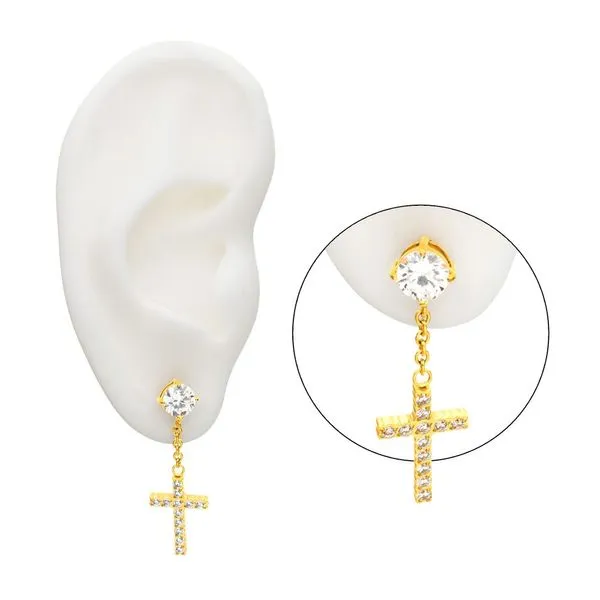 18Kt Gold IP Steel Prong Set Clear Gem Stud Earrings with Pave Gem Cross Dangle Image 4 Rihner's Jewelry Gretna, LA