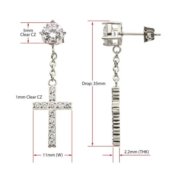 Stainless Steel Prong Set Clear Gem Stud Earrings with Pave Gem Cross Dangle Image 3 Rihner's Jewelry Gretna, LA