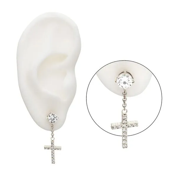 Stainless Steel Prong Set Clear Gem Stud Earrings with Pave Gem Cross Dangle Image 4 Rihner's Jewelry Gretna, LA