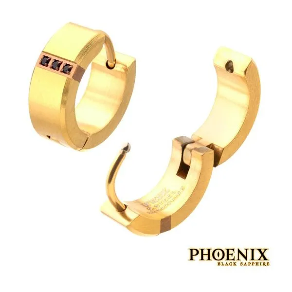 18Kt Gold IP Steel Matte Finish Huggie Earrings with Genuine Black Sapphire Thomas A. Davis Jewelers Holland, MI