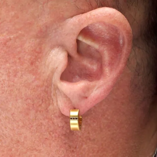 18Kt Gold IP Steel Matte Finish Huggie Earrings with Genuine Black Sapphire Image 5 Thomas A. Davis Jewelers Holland, MI