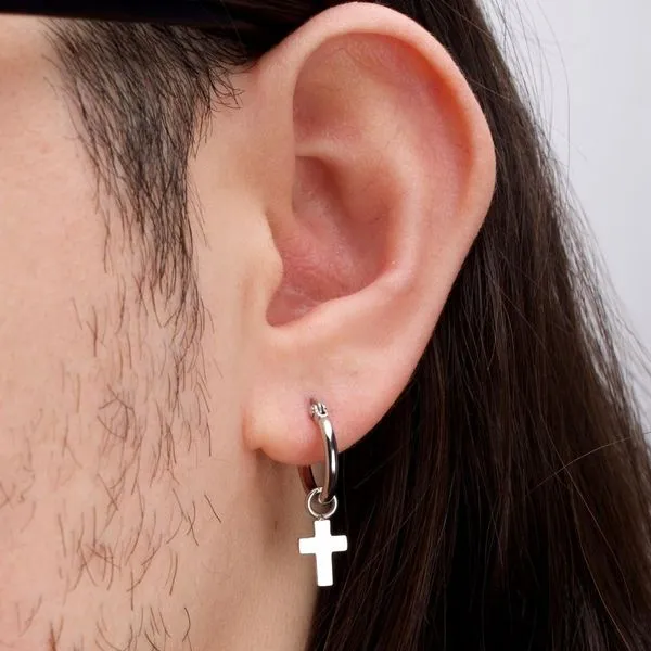 Steel Dangling Cross Hoop & Prong Set CZ Stud Mismatched Earrings Image 3 Morin Jewelers Southbridge, MA
