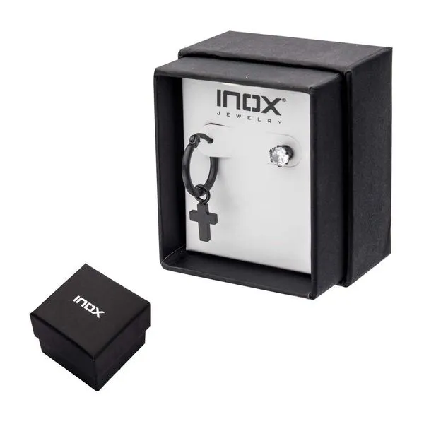 Black IP Dangling Cross Hoop & Prong Set CZ Stud Mismatched Earrings Image 3 Spath Jewelers Bartow, FL