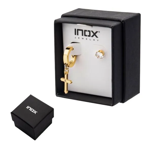 Gold IP Dangling Cross with CZ Huggie & Prong Set CZ Stud Mismatched Earrings Image 4 Morin Jewelers Southbridge, MA
