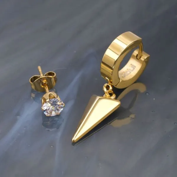 Gold IP Dangling Spike Huggie & Prong Set CZ Stud Mismatched Earrings Image 2 Alan Miller Jewelers Oregon, OH