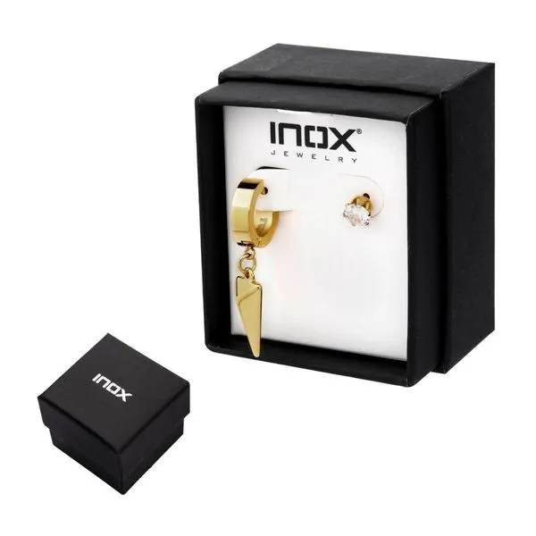 Gold IP Dangling Spike Huggie & Prong Set CZ Stud Mismatched Earrings Image 4 Alan Miller Jewelers Oregon, OH