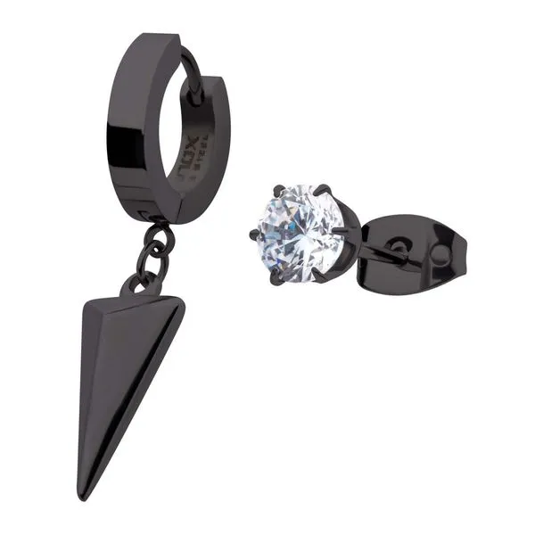 Black IP Dangling Spike Huggie & Prong Set CZ Stud Mismatched Earrings Alan Miller Jewelers Oregon, OH