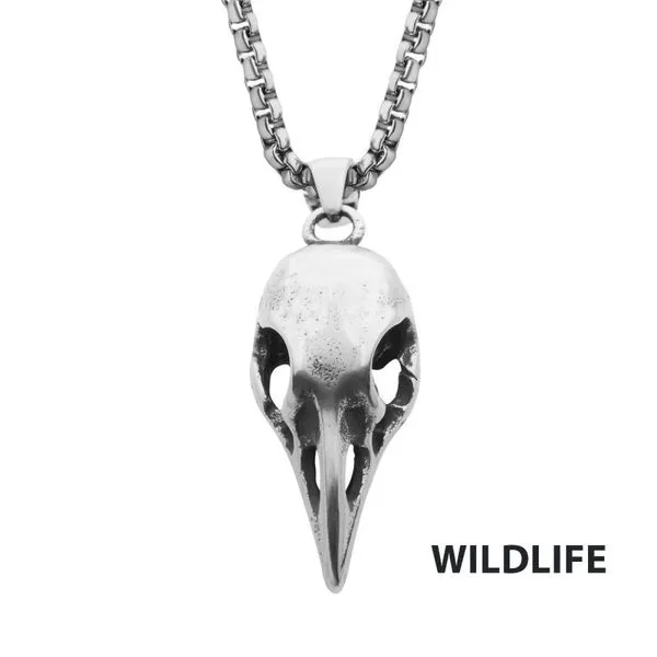 Distressed Matte Steel Crow Skull Pendant with Chain Spath Jewelers Bartow, FL