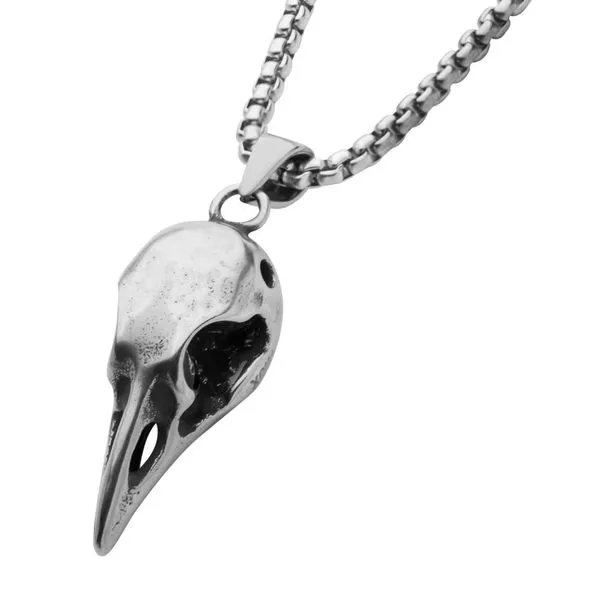 Distressed Matte Steel Crow Skull Pendant with Chain Image 2 Spath Jewelers Bartow, FL