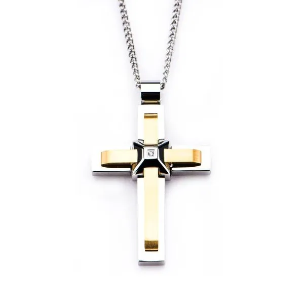 Stainless Steel and Gold IP Two Layer Cross with 3.6m Diamond Cut Pendant Banks Jewelers Burnsville, NC
