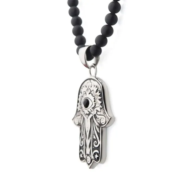 Stainless Steel with Centerpiece Black Agate Stone Hamsa Pendant Image 3 Alan Miller Jewelers Oregon, OH