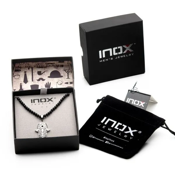 Stainless Steel with Centerpiece Black Agate Stone Hamsa Pendant Image 4 Alan Miller Jewelers Oregon, OH