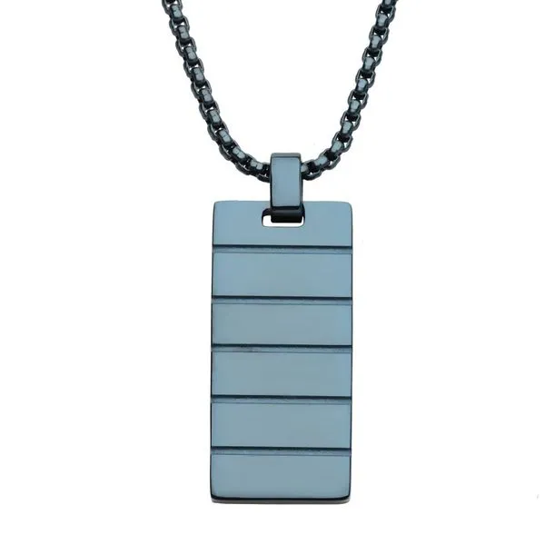 Blue IP Ridged Compact Dog Tag Pendant with Cobalt Blue Box Chain Daniel Jewelers Brewster, NY