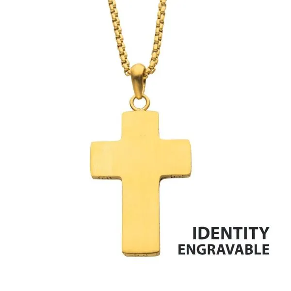 18Kt Gold IP Engravable Cross Pendant with Round Box Chain Morin Jewelers Southbridge, MA