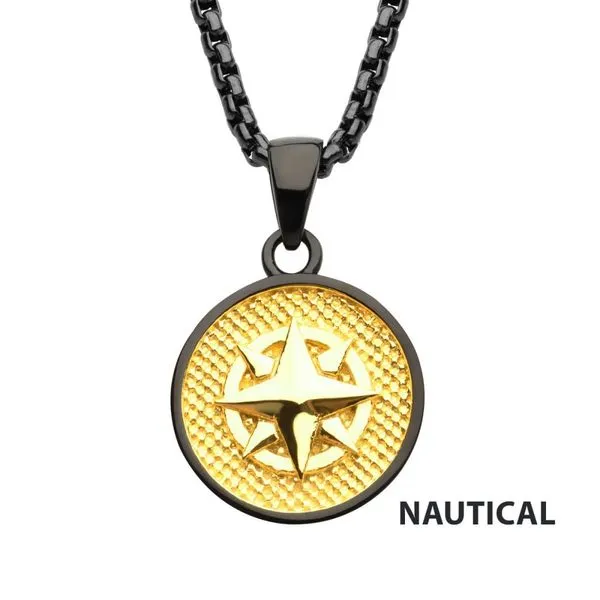 18Kt Gold IP Wayfinder Engravable Compass Medallion Pendant with Black IP Box Chains for Grads Ken Walker Jewelers Gig Harbor, WA