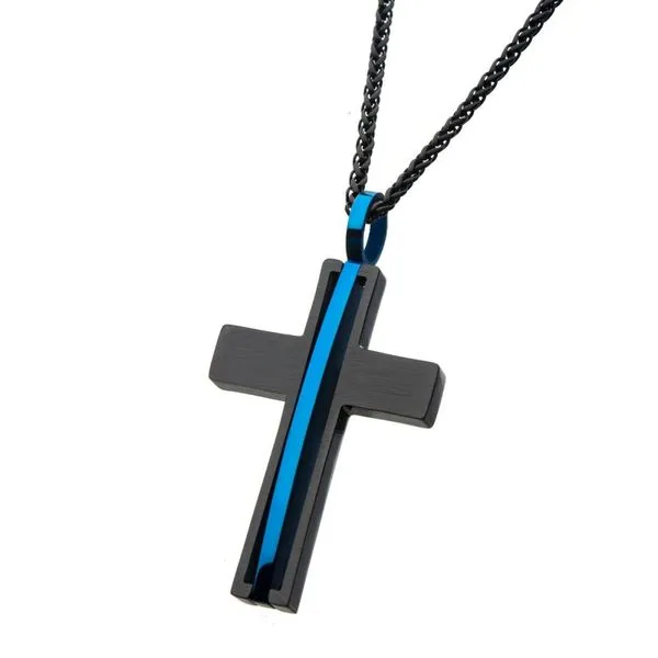 Matte Black IP with Thin Blue Line Pendant with Chain Image 2 Carroll's Jewelers Fort Lauderdale, FL
