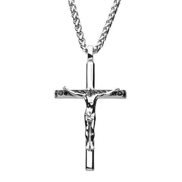 Stainless Steel with Black CZ Jesus Christ Crucifix Cross Pendant with Wheat Chain Alan Miller Jewelers Oregon, OH
