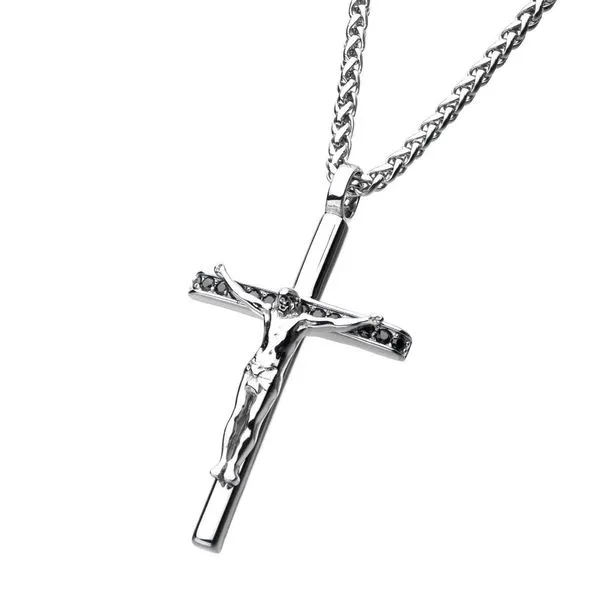 Stainless Steel with Black CZ Jesus Christ Crucifix Cross Pendant with Wheat Chain Image 2 Daniel Jewelers Brewster, NY