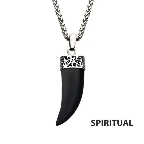 Stainless Steel with Black Agate Stone Horn Pendant, with Steel Wheat Chain Morin Jewelers Southbridge, MA