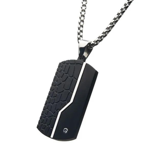 Stainless Steel Thin Line Crocodile Dog Tag Pendant with 2mm Clear CZ & Steel Chain Image 2 Alan Miller Jewelers Oregon, OH