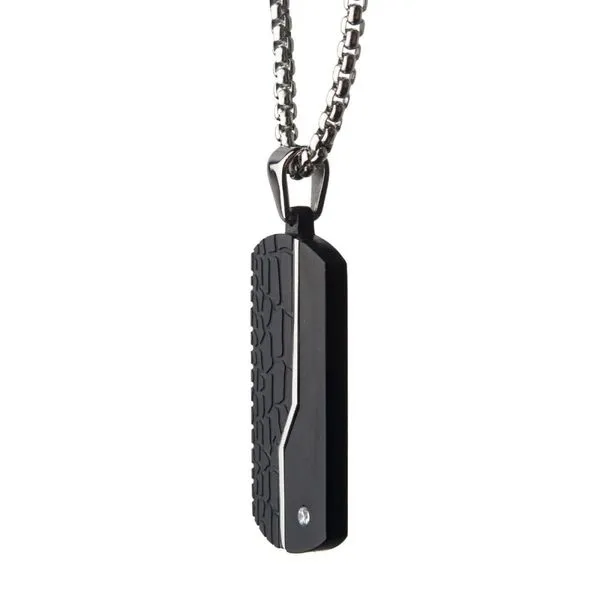 Stainless Steel Thin Line Crocodile Dog Tag Pendant with 2mm Clear CZ & Steel Chain Image 3 Alan Miller Jewelers Oregon, OH