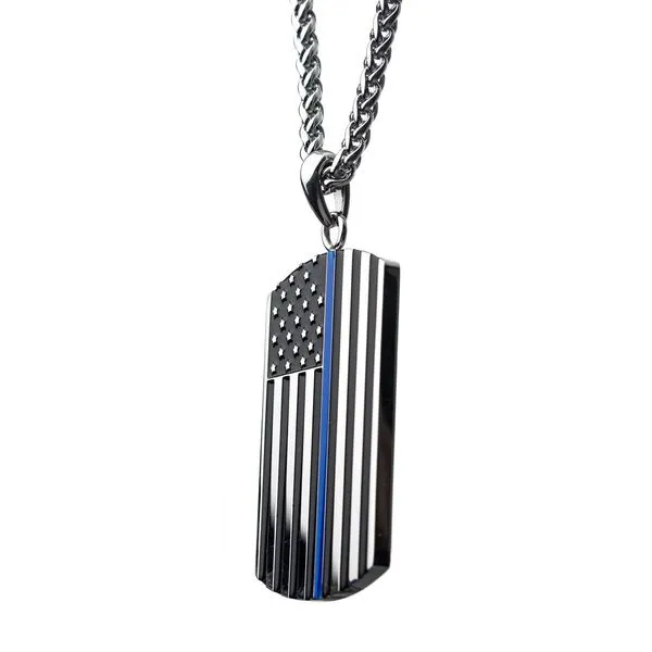 Thin Blue Line American Flag Police Officer Military Style Dog Tag Enamel Pendant Image 3 Carroll's Jewelers Fort Lauderdale, FL