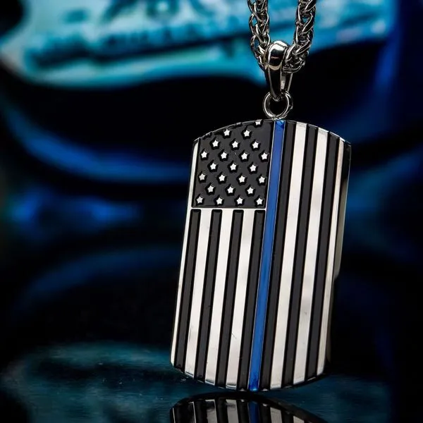 Thin Blue Line American Flag Police Officer Military Style Dog Tag Enamel Pendant Image 4 Rihner's Jewelry Gretna, LA