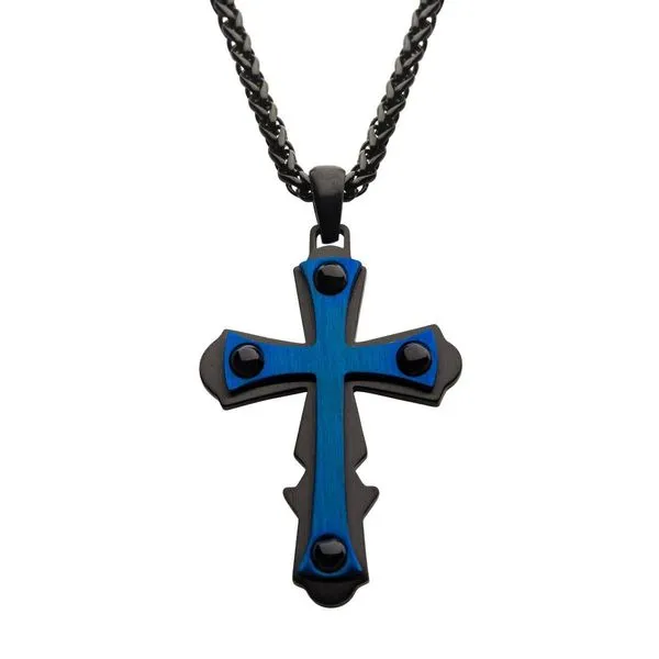 Blue IP with Black Cross Pendant, with Black IP Wheat Chain Spath Jewelers Bartow, FL