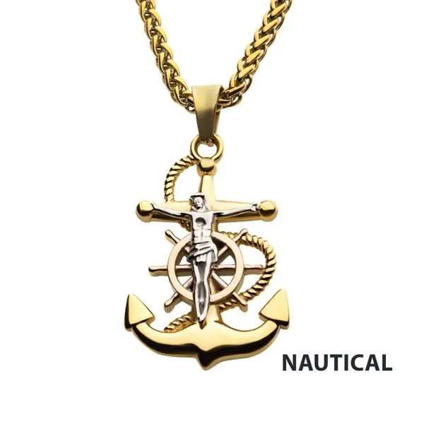 18Kt Gold IP Anchor with Silver IP Jesus Steel Pendant, with 18Kt Gold IP Wheat Chain Timmreck & McNicol Jewelers McMinnville, OR