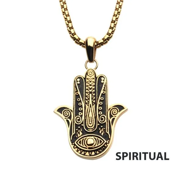Gold IP with Hamsa Pendant, with Gold IP Bold Box Chain Spath Jewelers Bartow, FL