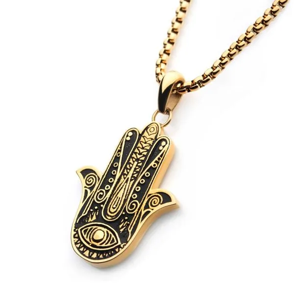 Gold IP with Hamsa Pendant, with Gold IP Bold Box Chain Image 2 Spath Jewelers Bartow, FL