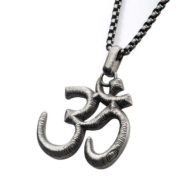 Stainless Steel with Antique Finish OM Symbol Pendant, with Steel Box Chain Image 2 Alan Miller Jewelers Oregon, OH