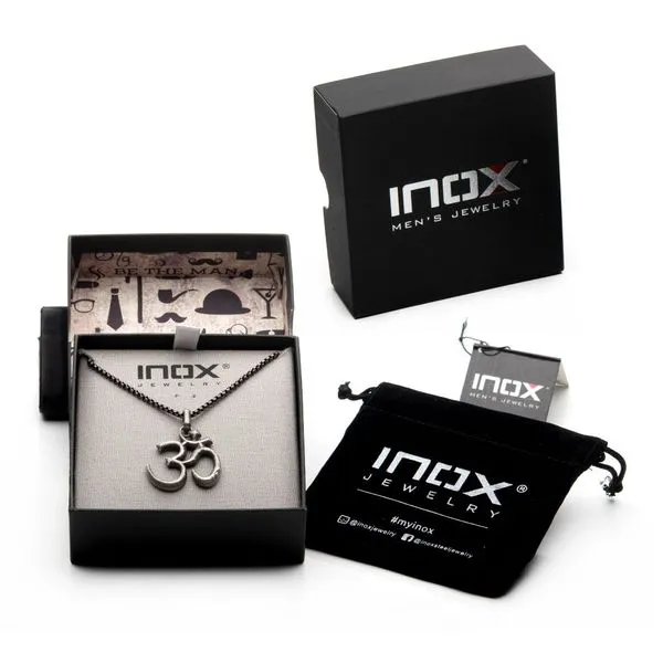 Stainless Steel with Antique Finish OM Symbol Pendant, with Steel Box Chain Image 4 Morin Jewelers Southbridge, MA