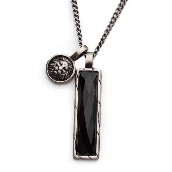 Matte Finish Gun Metal IP with African Lion Sigil & Faceted Black Agate Stone Double Pendants Alan Miller Jewelers Oregon, OH