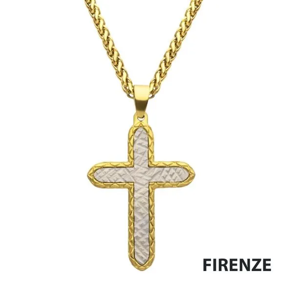 18Kt Gold IP Stainless Steel Chiseled Bold Cross Firenze Pendant with Wheat Chain Daniel Jewelers Brewster, NY