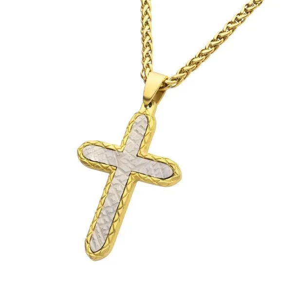 18Kt Gold IP Stainless Steel Chiseled Bold Cross Firenze Pendant with Wheat Chain Image 2 Daniel Jewelers Brewster, NY