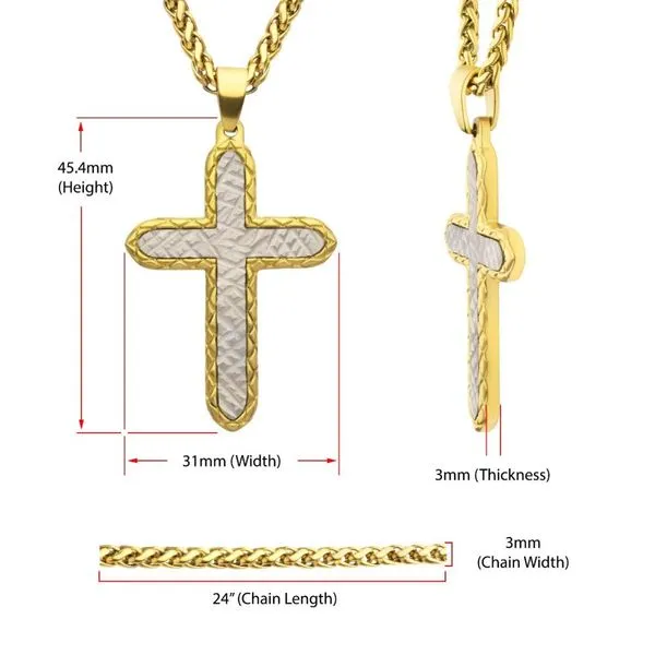 18Kt Gold IP Stainless Steel Chiseled Bold Cross Firenze Pendant with Wheat Chain Image 4 Daniel Jewelers Brewster, NY