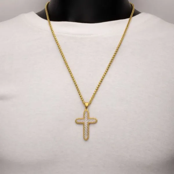 18Kt Gold IP Stainless Steel Chiseled Bold Cross Firenze Pendant with Wheat Chain Image 5 Daniel Jewelers Brewster, NY