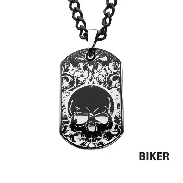 Stainless Steel Black IP with Skull Design Dog Tag Pendant with Chain Rihner's Jewelry Gretna, LA